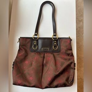 JIMMY CHOO fabric and leather logo print tote brown red gold hardware